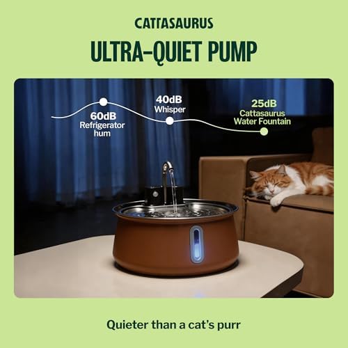 Cattasaurus Wireless 304 Stainless Steel Cat Water Fountain with Filtration, Automatic Water Dispenser for Cats, 135oz Large Capacity, Dishwasher Safe (Coffee, Fountain + 14 Filters (3-Month Supply))