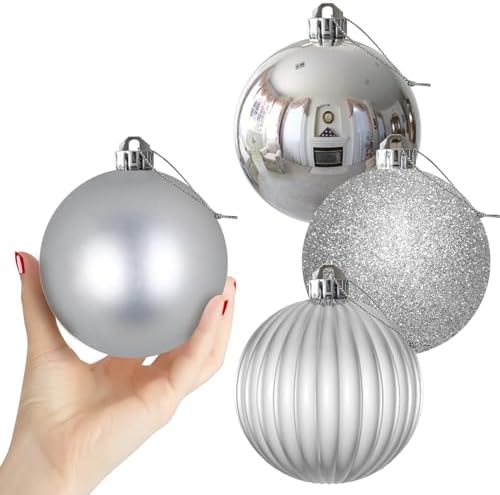 Silver 4.0" Large Christmas Balls - Christmas Tree Decoration Ornaments Shatterproof Hanging Balls for Birthday Halloween Holiday Wedding Decorations Set of 4pcs