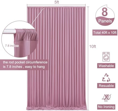 8 Panels Dusty Pink Backdrop Curtain for Wedding Parties Wrinkle Free Pink Photo Curtains Backdrop Drapes Fabric Decoration for Birthday Party Baby Shower 40ft(W) x 10ft(H)