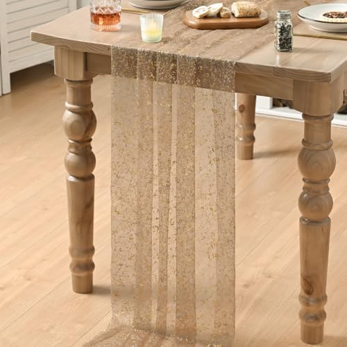 Artoid Mode Coffee Gold Gauze Table Runner 120 Inch 10FT, Glitter Metallic Foil Sheer Dining Wedding Anniversary Holiday Birthday Table Decor for Home Party