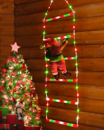 Toodour LED Christmas Light - 2.5FT Christmas Decorative Ladder Lights with Santa Claus, Xmas Decorations Light for Indoor Outdoor, Window, Garden, Home, Wall, Xmas Tree Decor - Red White & Green