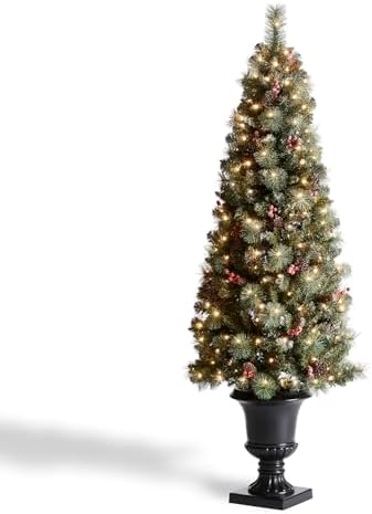Glitzhome Artificial Christmas Tree, 6 FT Pre-Lit Frosted Pine Cones and Red Berries Christmas Porch Tree with 200 Warm White Lights for Indoor Porch of Home and Office