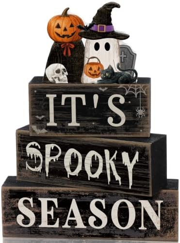 Moucuny 4 Pcs Halloween Table Decor Pumpkin Ghost Wood Stacked Block Decor