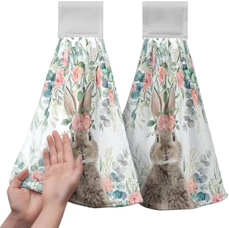 Bunny Eucalyptus Leaves Flowers Easter Kitchen Towels with Hanging Loops Spring Holiday Decoration Rabbit Floral Hanging Hand Towels Set of 2 Dish Towel Soft Absorbent Bath Tie Towels