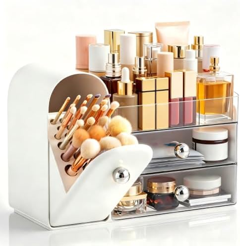 HBlife Makeup Organizer Countertop with Drawers, Vanity Organizers with Brush Holder, Bathroom Counter Organizer for Perfume, Nail Polishes, Lipsticks, Skincare and Eyeshadow Palettes, White Sliver