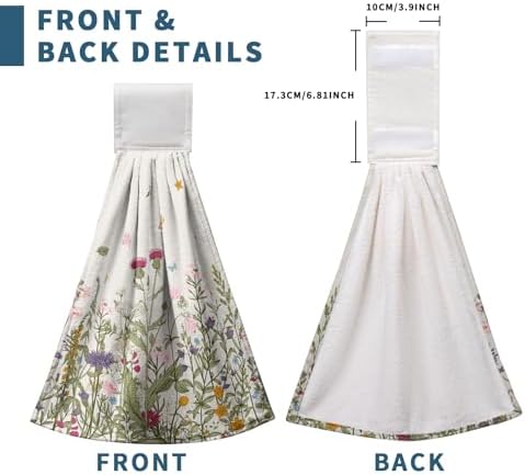 Wildflower Floral Hanging Hand Towels Set of 2 Spring Summer Vintage Flower Kitchen Towels with Hanging Loop Rustic Garden Herbs Plants Dish Towels Soft Absorbent Bath Tie Towel for Farmhouse Decor