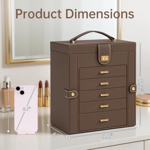 AKOZLIN 6-Tier Jewelry Box Organizer 5 Drawers Storage Medium Brown