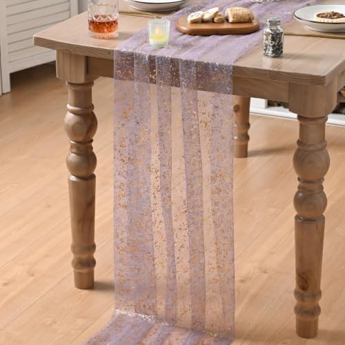 Artoid Mode 6Pcs Grayish Purple Gauze Gold Table Runner 10FT, Glitter Metallic Foil Sheer Dining Wedding Anniversary Holiday Table Decor for Home Party