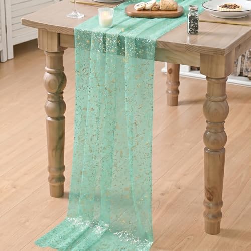Artoid Mode 10Pcs Turquoise Gauze Gold Table Runner 10FT, Glitter Metallic Foil Sheer Dining Wedding Anniversary Holiday Table Decor for Home Party