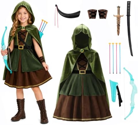 ReliBeauty Archer Costume Girls Huntress Costume for Girls with Cape,Green