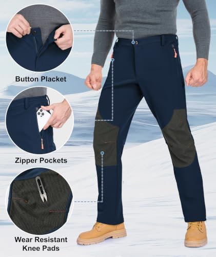 Mens Winter Snow Pants Waterproof Thermal Fleece Lined Hiking Pants with Zip Pockets