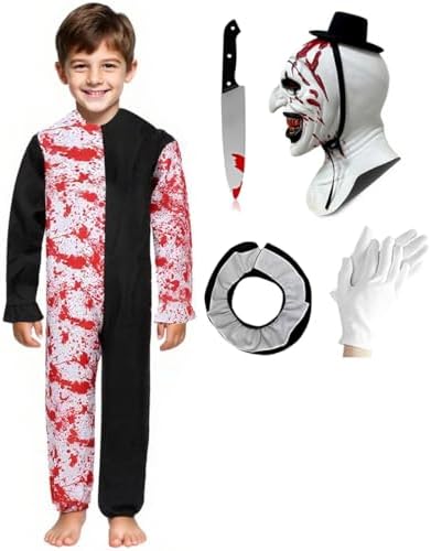 Kids Art Clown Costume with Bloody Mask Cosplay Outfit Boys Girls Ages 4-14