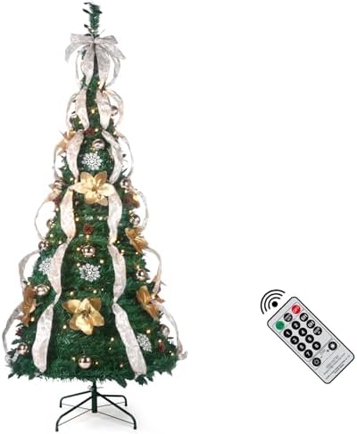 6.5FT Pop Up Christmas Tree Pre-Decorated with LED Lights Instant Setup Foldable Xmas Tree for Indoor&Outdoor All-Weather Remote Control