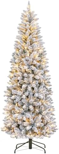 GarveeHome 6 ft Pencil Christmas Tree, Pre-Lit Frosted Artificial Tree, Skinny Xmas Trees Holiday Decoration, with LED Light and Metal Base