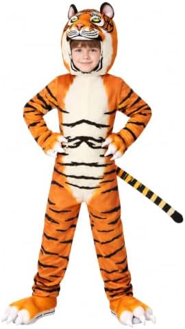 Kid's Realistic Tiger Costume with Headpiece & Tail - Includes Mitts, Shoe Covers, Striped Jumpsuit
