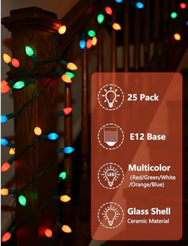 C7 LED Colored Christmas Lights Outdoor, 25FT Vintage Colored Christmas Lights with 25 LED Ceramic Glass Multicolor Bulbs for Xmas Roofline Indoor Outdoor Garden Patio Yard Decoration, Green Wire