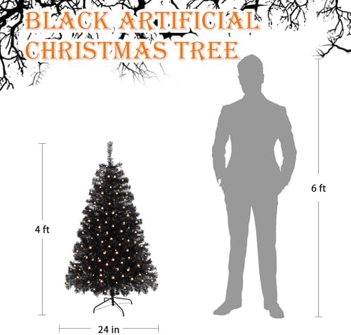 4FT Pre-Lit Black Christmas Tree Small Halloween Tree 150 Warm Lights