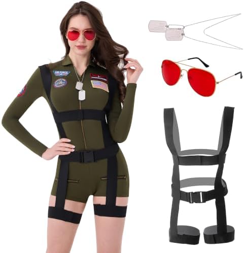Women’s Pilot Costume, 4 Piece Military Aviator Romper with Harness & Tags