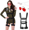 Women’s Pilot Costume, 4 Piece Military Aviator Romper with Harness & Tags