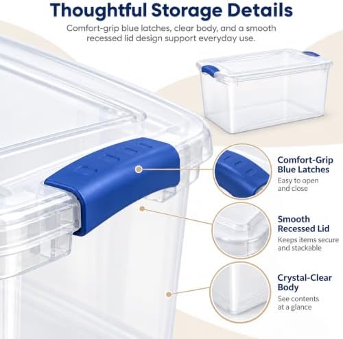 Storage Bin 66 Qt 4-Pack, Clear Latching Plastic Tote Blue