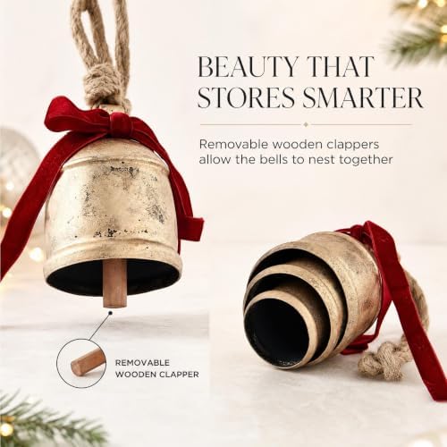 KIBAGA Charming Vintage Christmas Decor Set of 3 Gold Metal Bells