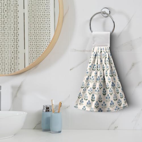 Blue Green Floral Summer Hanging Kitchen Towels Vintage Flowers Hand Towel with Hanging Loop Farmhouse Decorative Bath Tie Towels Soft Absorbent Fingertip Dish Cloth Set of 2