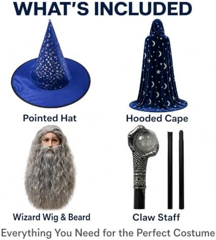 Wizard Costume Men with Wig Wizard Outfit Adult Warlock Robe