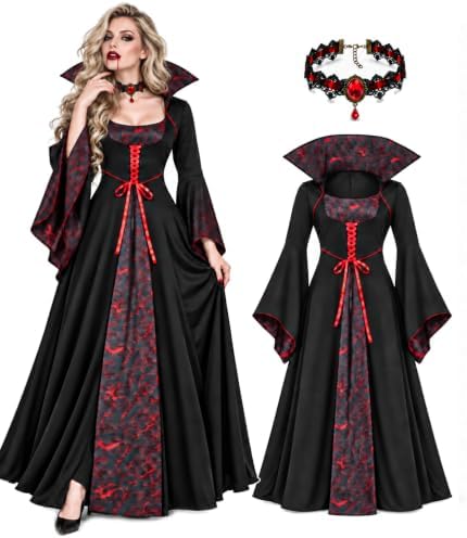 Vampire Costume Women Gothic Stand-Up Collar Vampiress Dress with Choker