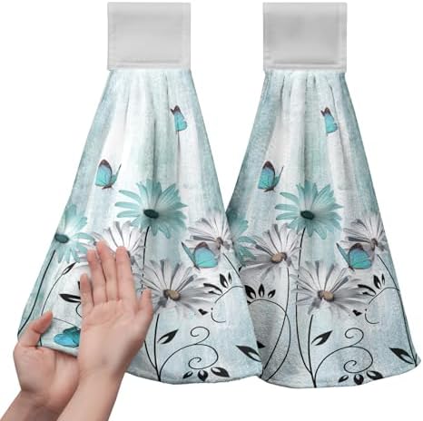 2 Pcs Teal Daisy Floral Hanging Kitchen Towels Turquoise Rustic Poppy Flower Butterfly Hand Towel with Hanging Loop Fast Drying Dish Washcloths Soft Absorbent Fingertip Bath Towel for Bathroom