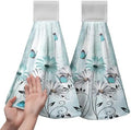 2 Pcs Teal Daisy Floral Hanging Kitchen Towels Turquoise Rustic Poppy Flower Butterfly Hand Towel with Hanging Loop Fast Drying Dish Washcloths Soft Absorbent Fingertip Bath Towel for Bathroom