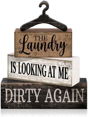 Moucuny 4 Pcs Farmhouse Laundry Room Decor and Accessories Stacked Blocks