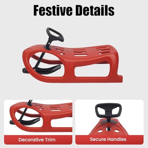 Childrens Snow Sled with Steering Wheel, Single Rider Outdoor Winter Sleigh for Toddlers Kids, Includes Pull Rope, Durable Blow Molded Construction, Red