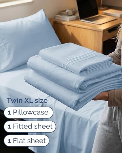 Twin XL Size 3 Piece Sheet Set - Breathable & Cooling Sheets - Sky Blue