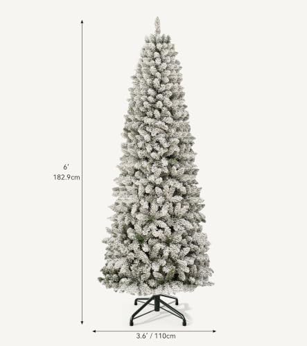 DWVO 6FT Pre-Lit Flocked Pencil Christmas Tree with 300 Dual-Color LEDs