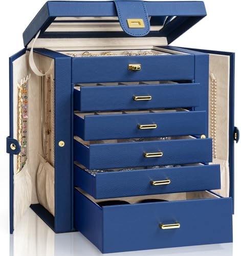 AKOZLIN 6-Tier Jewelry Box Organizer 5 Drawers Storage Blue Large