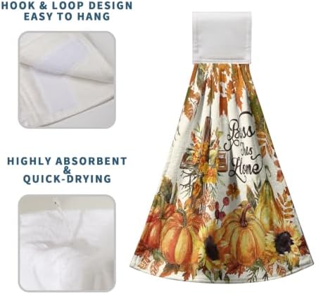 Fall Pumpkin Hanging Kitchen Towels Autumn Sunflower Maple Leaf Harvest Hand Towels with Hanging Loop Thanksgiving Washcloth Absorbent Hanging Dish Towels for Bathroom Set of 2