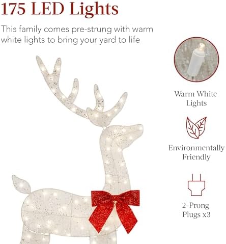 Best Choice Products 4ft 3-Piece 2D Lighted Christmas Deer Family Set, Large Outdoor Yard Reindeer Holiday Decoration with 175 LED Lights, Stakes, Zip Ties - White