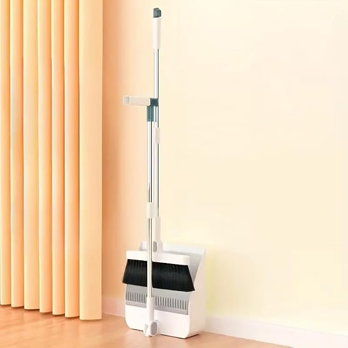4-in-1 Broom and Dustpan Set with Floor Brush, White Stainless Steel Long Handle, Upright Standing Design for Home Office Kitchen, Squeegee Cleaning Tools Combo