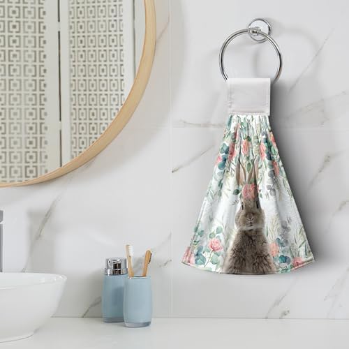 Bunny Eucalyptus Leaves Flowers Easter Kitchen Towels with Hanging Loops Spring Holiday Decoration Rabbit Floral Hanging Hand Towels Set of 2 Dish Towel Soft Absorbent Bath Tie Towels