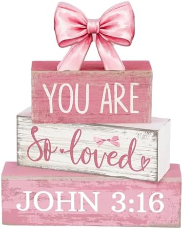 Lineshading 4 Pcs Pink Bow Decor Christian Table Decor Wooden Block Signs