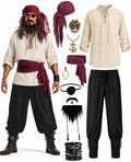 10PCS Pirate Costume for Men, Renaissance Medieval Viking Outfit for Halloween Cosplay with Shirt Pants Jewelry