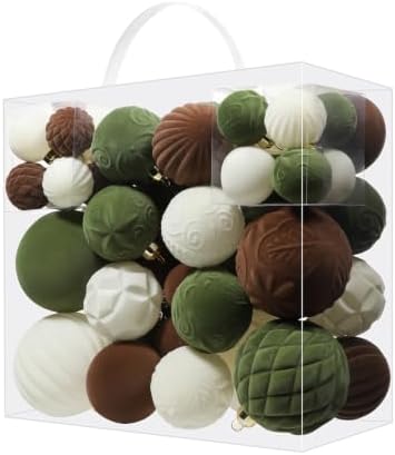 52pcs Velvet Christmas Ball Ornaments, Flocked Shatterproof Christmas Tree Decorations Hanging Xmas Decorative Ornaments Set for Home Party Holiday Decor(Brown Cream Green)