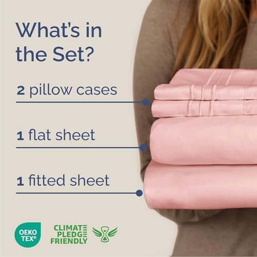 Queen Size 4 Piece Sheet Set - Breathable & Cooling Sheets - Baby Pink