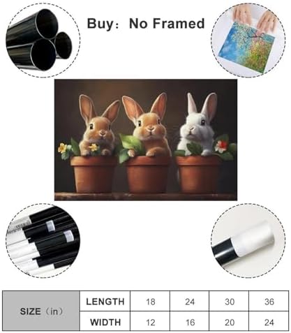 JDBeehpy Three Rabbits in Flowerpot Wall Art Painting Unframed 24x36inch