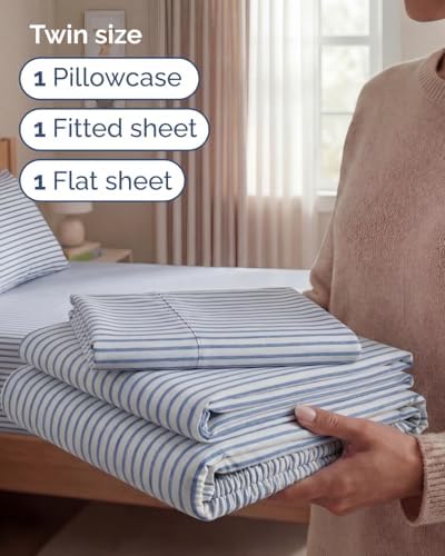 Twin Size 3 Piece Sheet Set - Breathable & Cooling Sheets - Blue Stripes