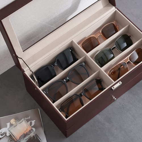 ProCase 12 Slots Sunglasses Organizer, 2 Layer Sunglass Case, Leather Eyeglass Cases for Display and Storage -Brown