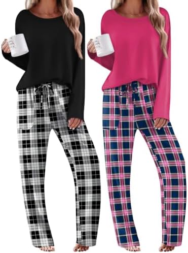 Ekouaer 2 Pack Womens Pajama Sets Long Sleeve Long Pants Pjs Loungewear