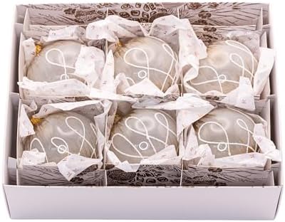 Luxury Handcrafted European Glass Christmas Ball Ornaments - Set of 6 - Gold & White - Swirl - 8 cm - Mouth-Blown & Hand-Painted