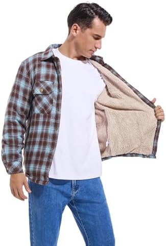 Men's Sherpa Cotton Flannel Shirt Jacket Plaid Button Coat Pocket