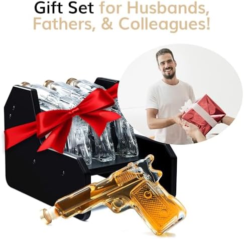 Gifts for Men Dad Whiskey Decanter Set | 7.7 Oz | Three Pistol Gun & Wooden Stand, Unique Birthday Gift Ideas Daughter Son, Home Bar Gifts, Drinking Accessories Military Present Cool Dispenser